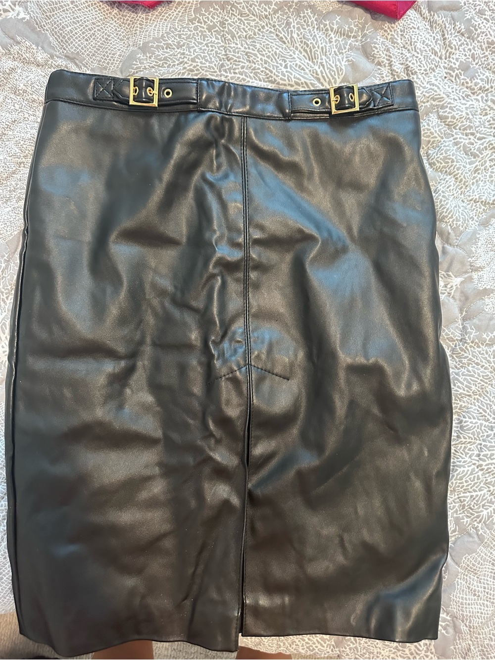 Faux Leather Black Pencil Skirt with Gold Buckle Detail